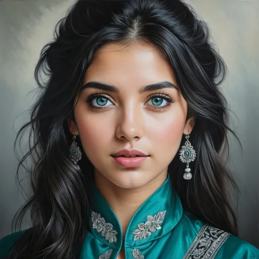 Prompt: Young to us, women, oil painting, hyper realistic, high details, symmetric, perfect eyes, perfect hair, beautiful, dark grey eyes, black hair, traditional teal clothes,