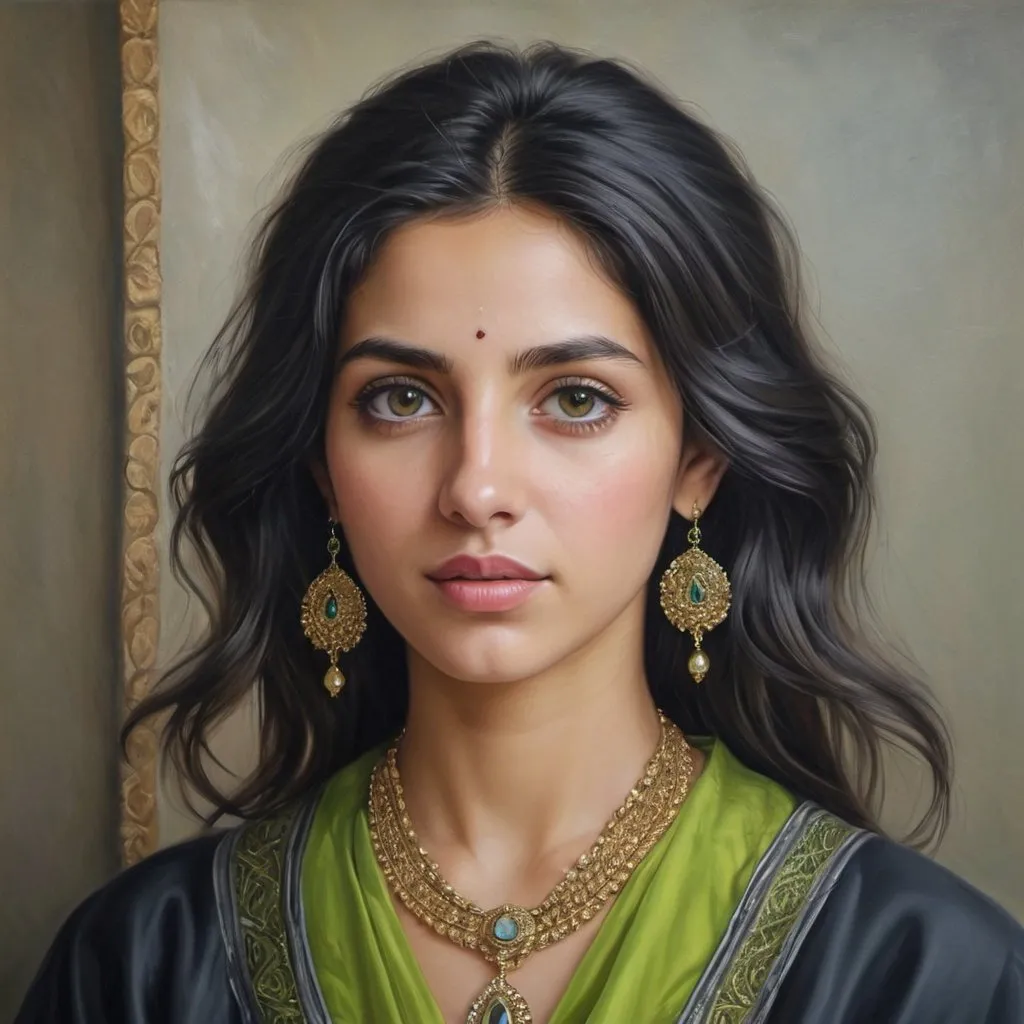 Prompt: Jewish women, oil painting, hyper realistic, high details, symmetric, perfect eyes, perfect hair, beautiful, dark grey eyes, black hair, traditional lime colored clothes, jewelry,