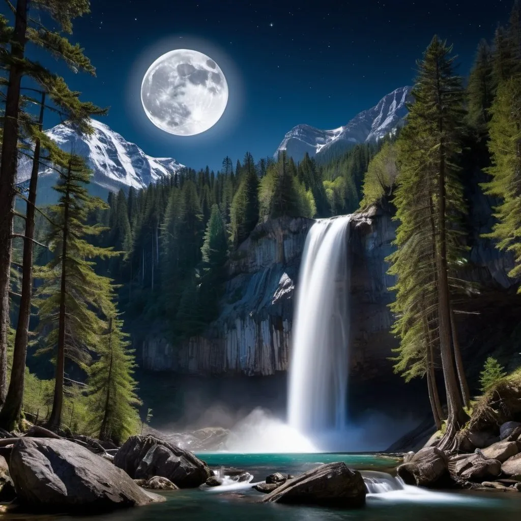 Prompt: Waterfall , woods, mountains in background, high definition, detailed, serene, tranquil, moon in the sky, nighttime, 