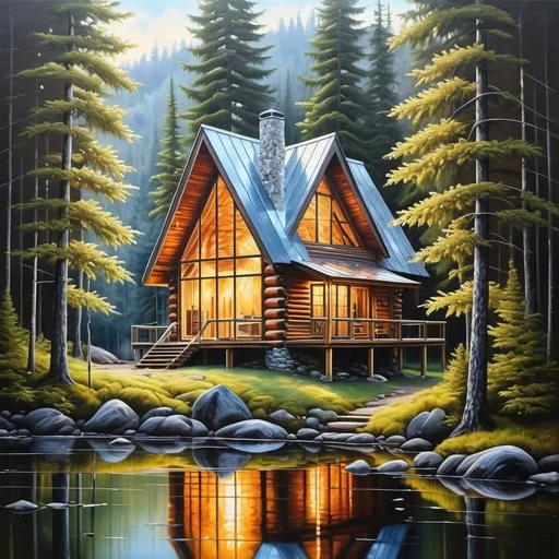 Prompt: A cabin in the woods made of crystal, oil painting, hyper realistic, high details, symmetric, beautiful, 