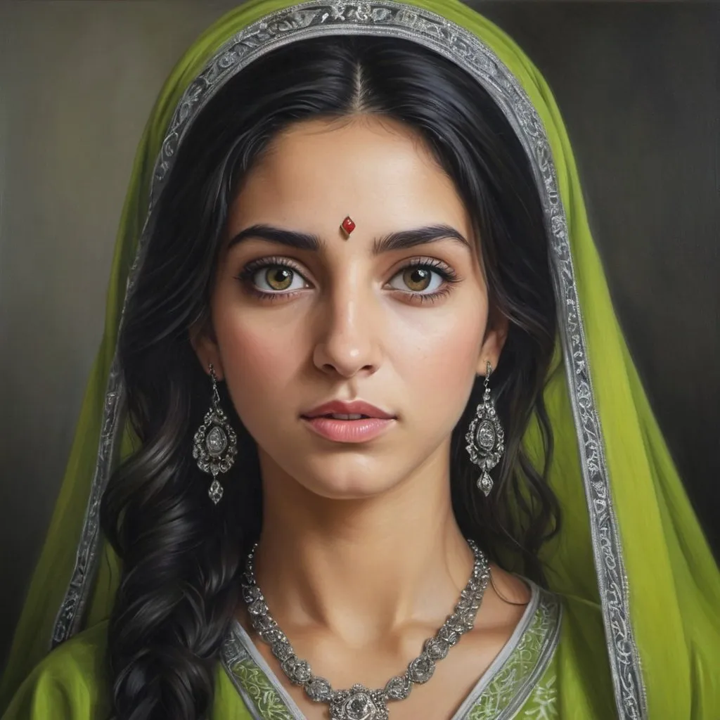 Prompt: Jewish women, oil painting, hyper realistic, high details, symmetric, perfect eyes, perfect hair, beautiful, dark grey eyes, black hair, traditional lime colored clothes, jewelry,