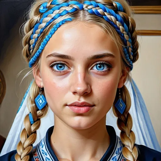 Prompt: Young German women, oil painting, hyper realistic, high details, symmetric, perfect eyes, perfect hair, gorgeous, beautiful, blue eyes, braided blonde hair, light skin, traditional clothing,