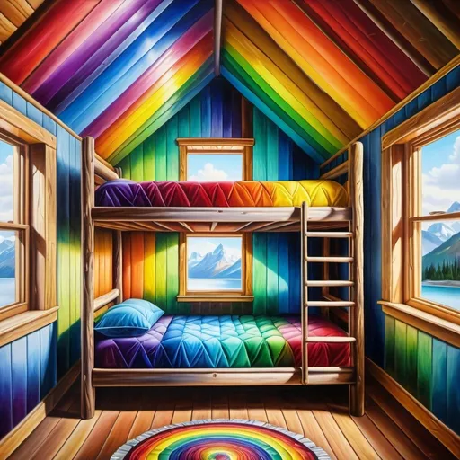 Prompt: A cabin bunk made of rainbow crystal, oil painting, hyper realistic, high details, symmetric, beautiful, 