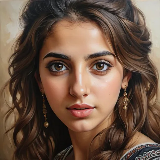 Prompt: Young Syrian women, oil painting, hyper realistic, high details, symmetric, perfect eyes, perfect hair, beautiful, dark greek eyes, brown hair,  beautiful dress,