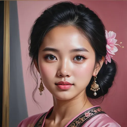 Prompt: Young Singaporean women, oil painting, hyper realistic, high details, symmetric, perfect eyes, perfect hair, beautiful, dark copper eyes, black hair, traditional pink dress,