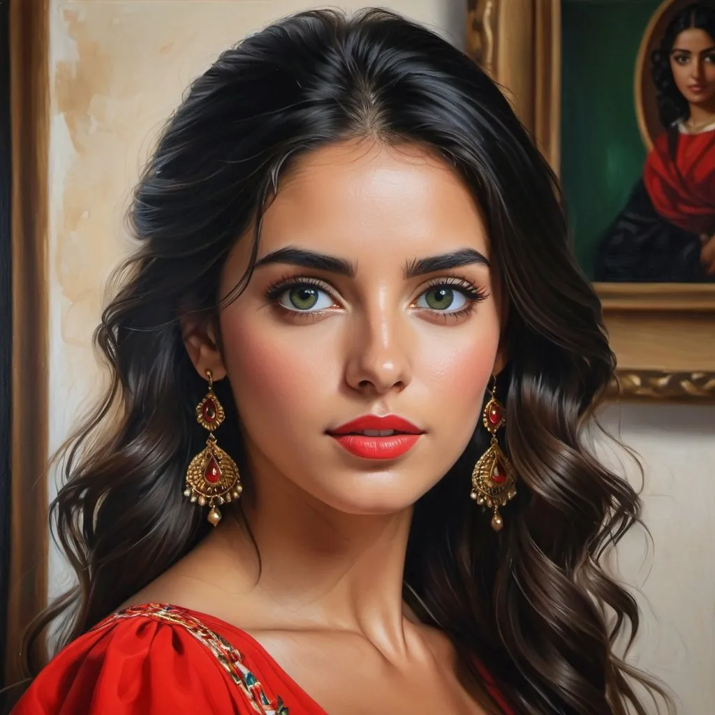 Prompt: Young Spanish women, oil painting, hyper realistic, high details, symmetric, perfect eyes, perfect hair, beautiful, dark green eyes, black hair, tan skin, traditional red dress,