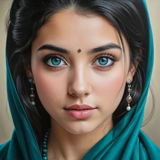 Prompt: Young to us, women, oil painting, hyper realistic, high details, symmetric, perfect eyes, perfect hair, beautiful, dark grey eyes, black hair, traditional teal clothes,