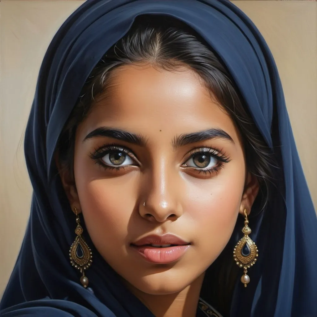 Prompt: Young Arabia women, oil painting, hyper realistic, high details, symmetric, perfect eyes, perfect hair, beautiful, dark grey eyes, black hair, dark skin, traditional navy clothes,