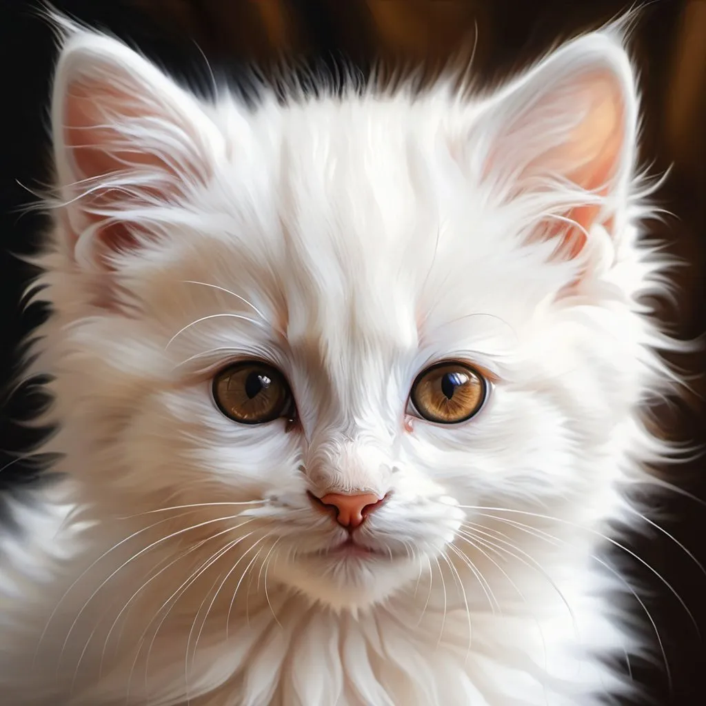 Prompt: Young kitten, oil painting, hyper realistic, high details, symmetric, perfect eyes, perfect fur, beautiful, dark brown eyes, white long fur, cute, fluffy, soft, 