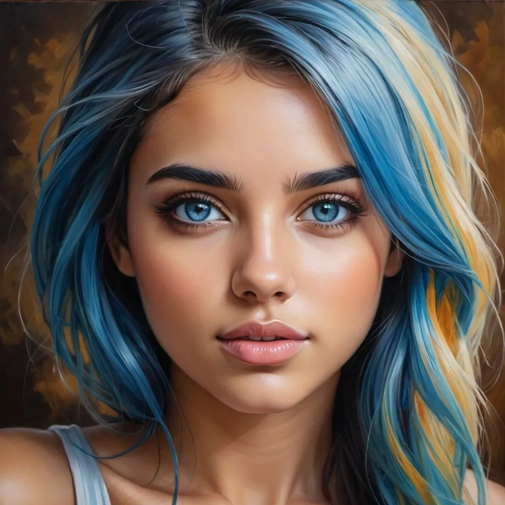Prompt: Create a girl, high detail, oil painting, beautiful, perfect eyes, perfect hair, blue colored hair, multi colored eyes, beautiful, tan skin,