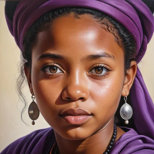 Prompt: Young Malagasy women, oil painting, hyper realistic, high details, symmetric, perfect eyes, perfect hair, beautiful, dark brown eyes, black hair, dark skin, traditional purple clothes, parallel eyes,