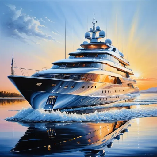 Prompt: A big yacht made of crystal, oil painting, hyper realistic, high details, symmetric, beautiful, defined,