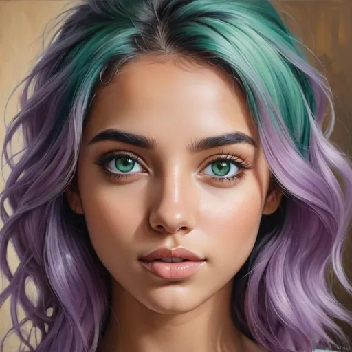 Prompt: Create a girl, high detail, oil painting, beautiful, perfect eyes, perfect hair, teal and lavender colored hair, green eyes, beautiful, tan skin, Greek,