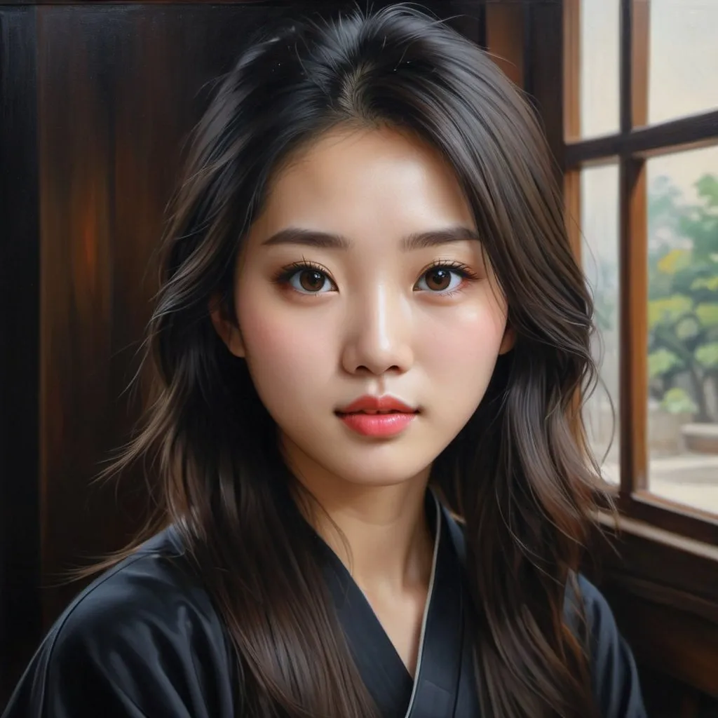 Prompt: Young Chinese women, oil painting, hyper realistic, high details, symmetric, perfect eyes, perfect hair, beautiful, dark brown eyes, black hair,  dark dress,