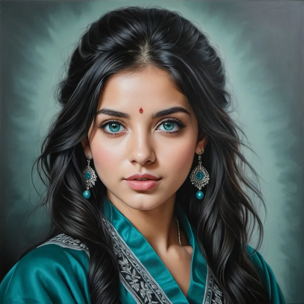 Prompt: Young to us, women, oil painting, hyper realistic, high details, symmetric, perfect eyes, perfect hair, beautiful, dark grey eyes, black hair, traditional teal clothes,