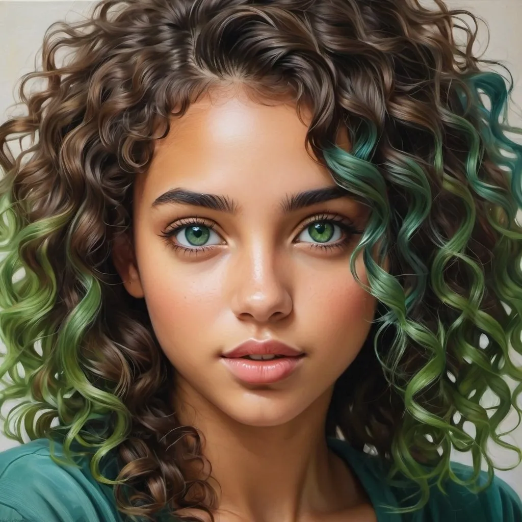 Prompt: Create a girl, high detail, oil painting, beautiful, perfect eyes, perfect hair, blue colored curly hair, green colored eyes, beautiful, tan skin,