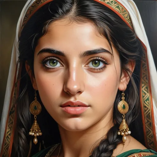 Prompt: Young Greek women, oil painting, hyper realistic, high details, symmetric, perfect eyes, perfect hair, gorgeous, goddess like, beautiful, dark green eyes, black hair, tan skin, traditional clothing,