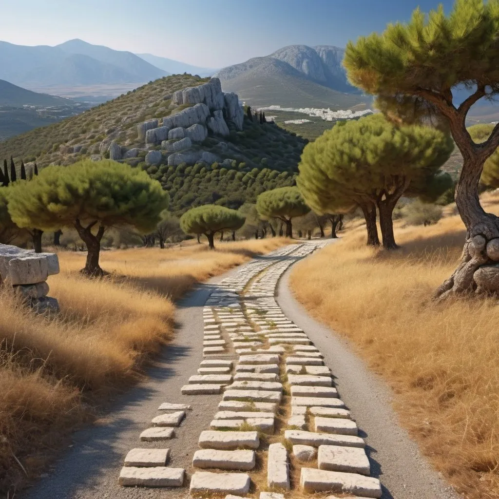 Prompt: Ancient Greek crossroads, woods, mountains in background, high definition, detailed, serene, tranquil, 