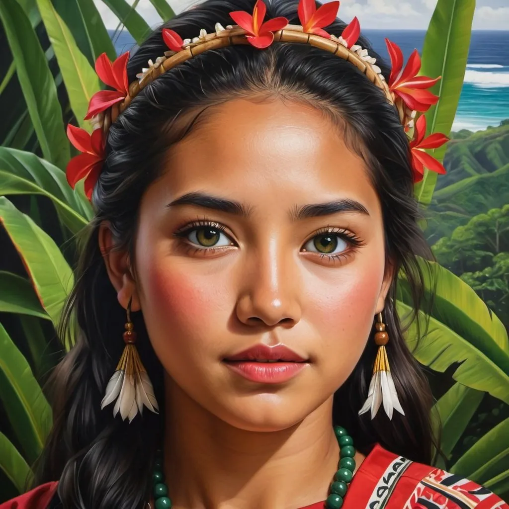 Prompt: Young Native Hawaii women, oil painting, hyper realistic, high details, symmetric, perfect eyes, perfect hair, beautiful, dark green eyes, black hair, tan skin, traditional red dress,