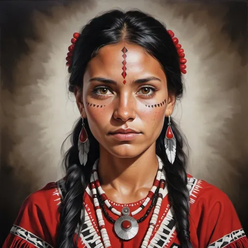 Prompt: Young Cherokee women, oil painting, hyper realistic, high details, symmetric, perfect eyes, perfect hair, beautiful, dark brown eyes, black hair, dark skin, traditional red clothes,