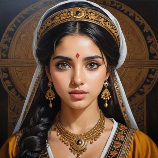 Prompt: Young  Colla women, oil painting, hyper realistic, high details, symmetric, perfect eyes, perfect hair, gorgeous, goddess like, beautiful, dark browns eyes, black hair, traditional clothing, 