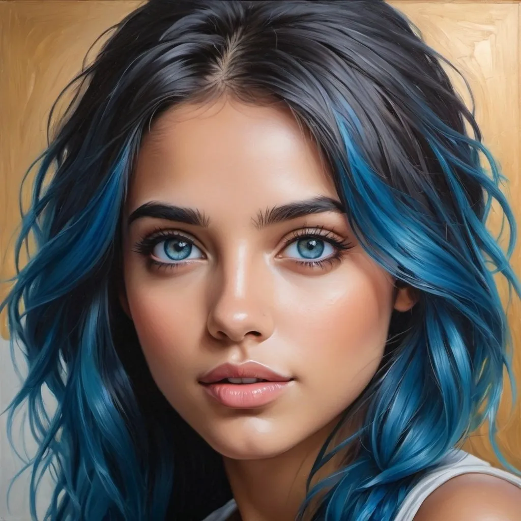 Prompt: Create a girl, high detail, oil painting, beautiful, perfect eyes, perfect hair, blue colored hair, multi colored eyes, beautiful, tan skin,