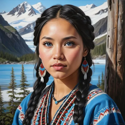 Prompt: Young native Alaskan women, oil painting, hyper realistic, high details, symmetric, perfect eyes, perfect hair, gorgeous, beautiful, blue eyes, braided black hair, light skin, traditional clothing,