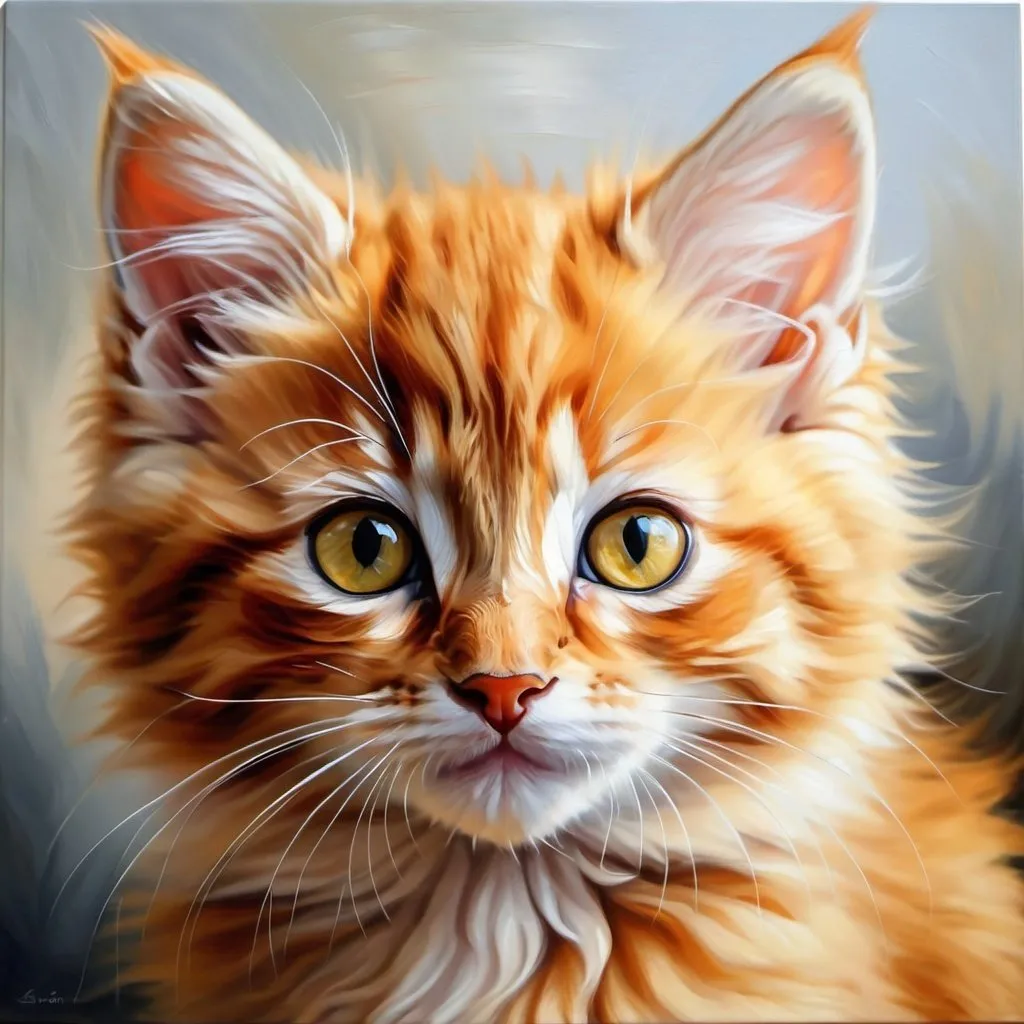 Prompt: Young kitten, oil painting, hyper realistic, high details, symmetric, perfect eyes, perfect fur, beautiful, yellow eyes, cinnamon fur, cute, fluffy, soft, 