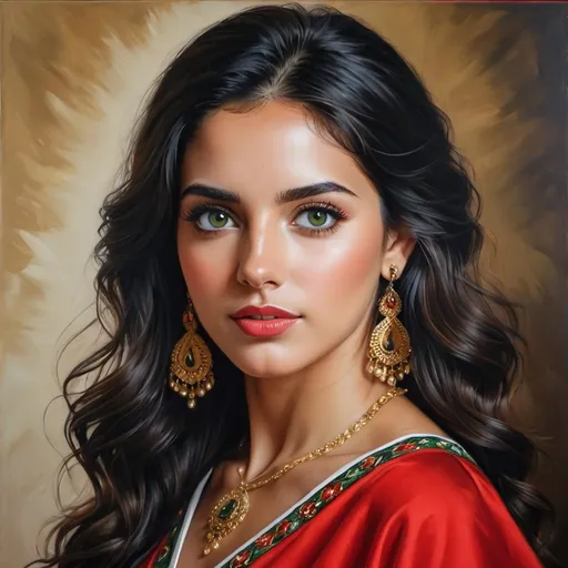 Prompt: Young Spanish women, oil painting, hyper realistic, high details, symmetric, perfect eyes, perfect hair, beautiful, dark green eyes, black hair, tan skin, traditional red dress,