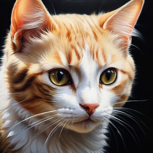 Prompt: A cute cat, oil painting, detail, hyper realistic, ethereal, dark lighting,