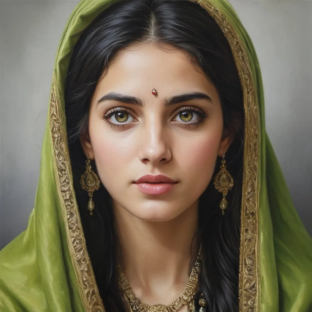 Prompt: Jewish women, oil painting, hyper realistic, high details, symmetric, perfect eyes, perfect hair, beautiful, dark grey eyes, black hair, traditional lime colored clothes, jewelry,