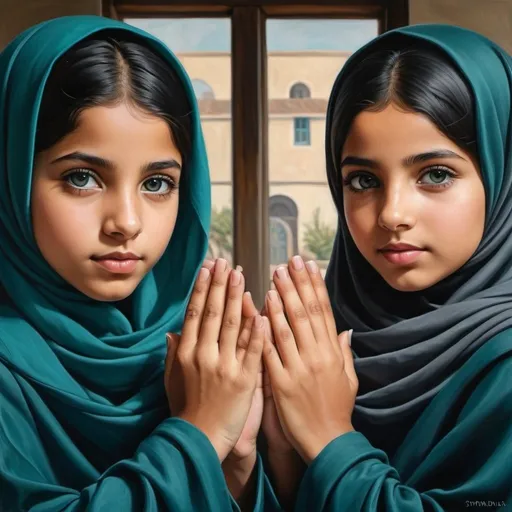 Prompt: 14 year girls, sisters, holding hands, oil painting, hyper realistic, high details, symmetric, perfect eyes, perfect hair, black hair, tan skin, dark teal hijab, grey eyes,