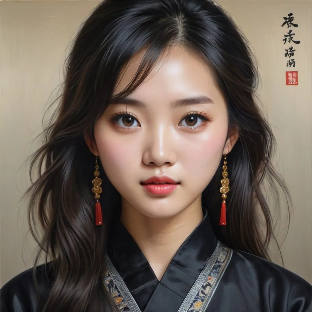 Prompt: Young Chinese women, oil painting, hyper realistic, high details, symmetric, perfect eyes, perfect hair, beautiful, dark brown eyes, black hair,  dark dress,