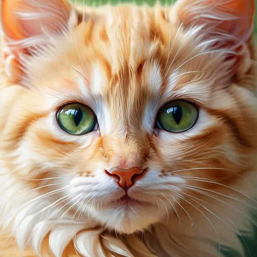 Prompt: Young kitten, oil painting, hyper realistic, high details, symmetric, perfect eyes, perfect fur, beautiful, green eyes, cream fur, cute, fluffy, soft, 