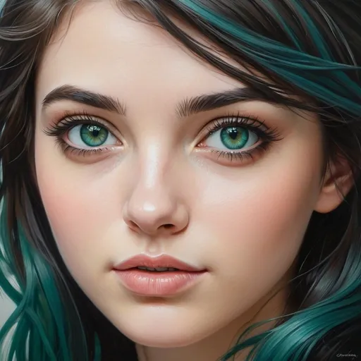 Prompt: Create a girl, high detail, oil painting, beautiful, perfect eyes, perfect hair, dark black, light brown, and teal colored hair, very dark green eyes, beautiful, pale skin, German, 