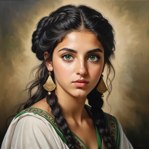 Prompt: Young Greek women, oil painting, hyper realistic, high details, symmetric, perfect eyes, perfect hair, gorgeous, goddess like, beautiful, dark green eyes, black hair, tan skin, traditional clothing,