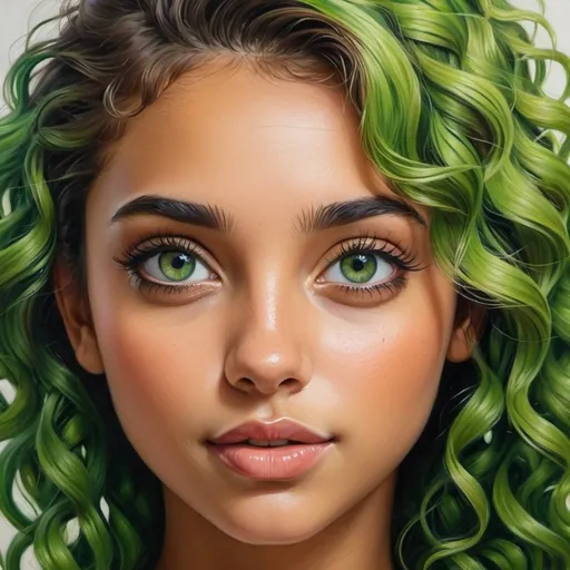 Prompt: Create a girl, high detail, oil painting, beautiful, perfect eyes, perfect hair, green curly hair, green colored eyes, beautiful, tan skin,