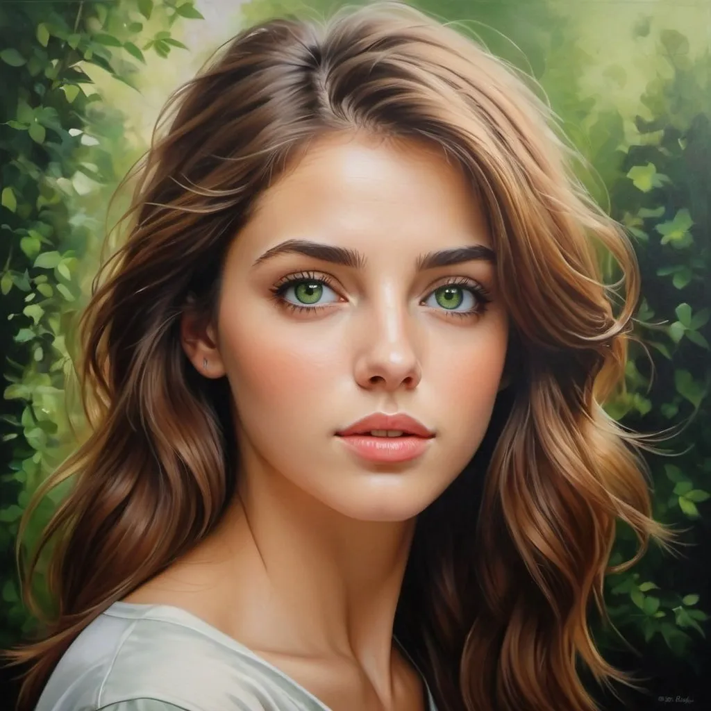 Prompt: Women in simple clothes, oil painting, hyper realistic, high details, symmetric, perfect eyes, perfect hair, beautiful, brown hair, green eyes,