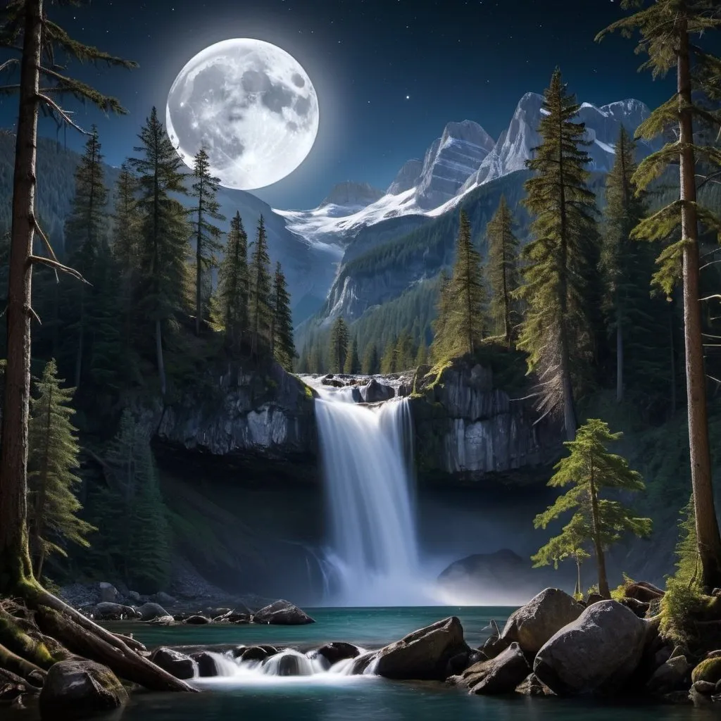 Prompt: Waterfall , woods, mountains in background, high definition, detailed, serene, tranquil, moon in the sky, nighttime, 