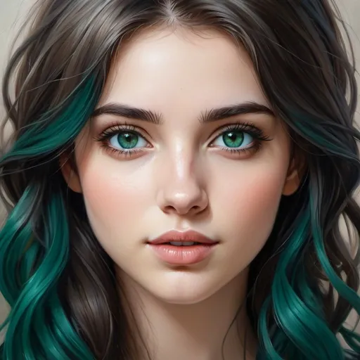 Prompt: Create a girl, high detail, oil painting, beautiful, perfect eyes, perfect hair, dark black, light brown, and teal colored hair, very dark green eyes, beautiful, pale skin, German, 