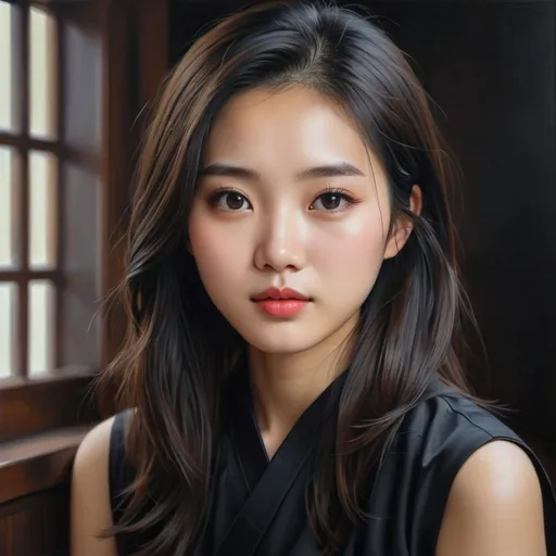 Prompt: Young Chinese women, oil painting, hyper realistic, high details, symmetric, perfect eyes, perfect hair, beautiful, dark brown eyes, black hair,  dark dress,