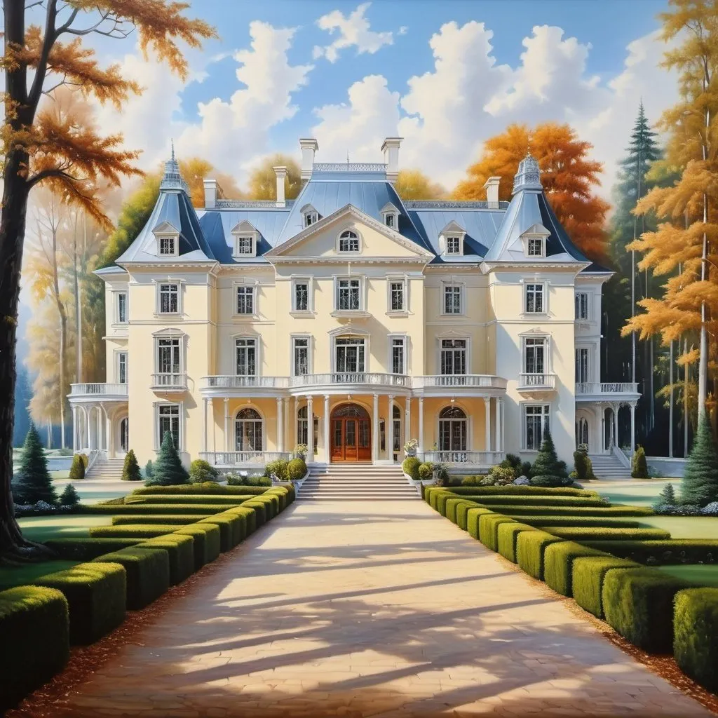 Prompt: A big mansion made of crystal, clearing in the woods, oil painting, hyper realistic, high details, symmetric, beautiful, defined,