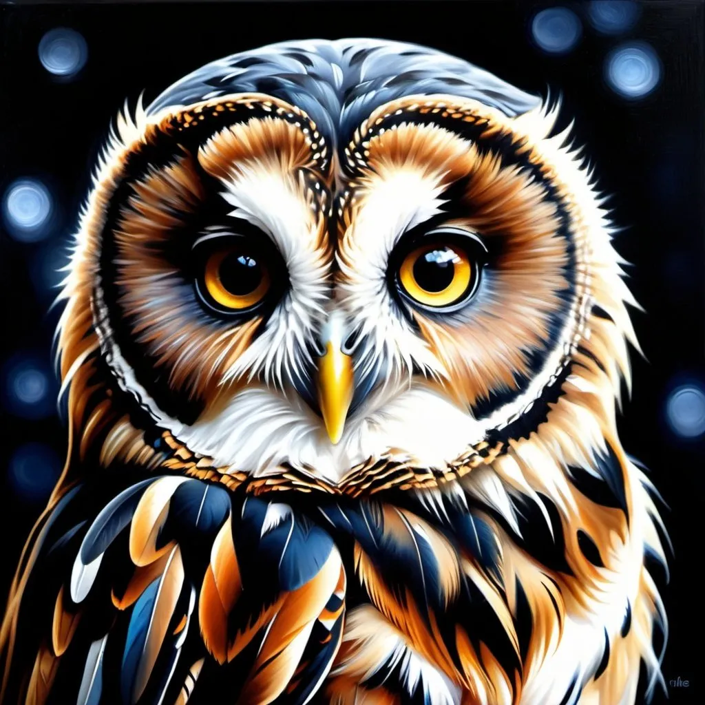 Prompt: Young owl, oil painting, hyper realistic, high details, symmetric, perfect eyes, perfect feathers, beautiful, gorgeous features, dark blue eyes, black long feathers, cute, fluffy, soft, forest, midnight,