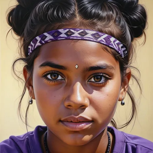 Prompt: Young  Australian aboriginal women, oil painting, hyper realistic, high details, symmetric, perfect eyes, perfect hair, beautiful, dark brown/black eyes, black hair,  purple t-shirt, dark skin,