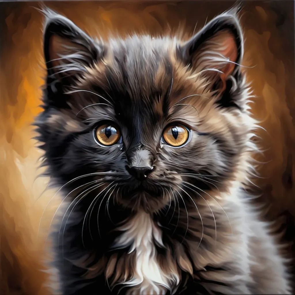 Prompt: Young kitten, oil painting, hyper realistic, high details, symmetric, perfect eyes, perfect fur, beautiful, dark brown eyes, black long fur, cute, fluffy, soft, 