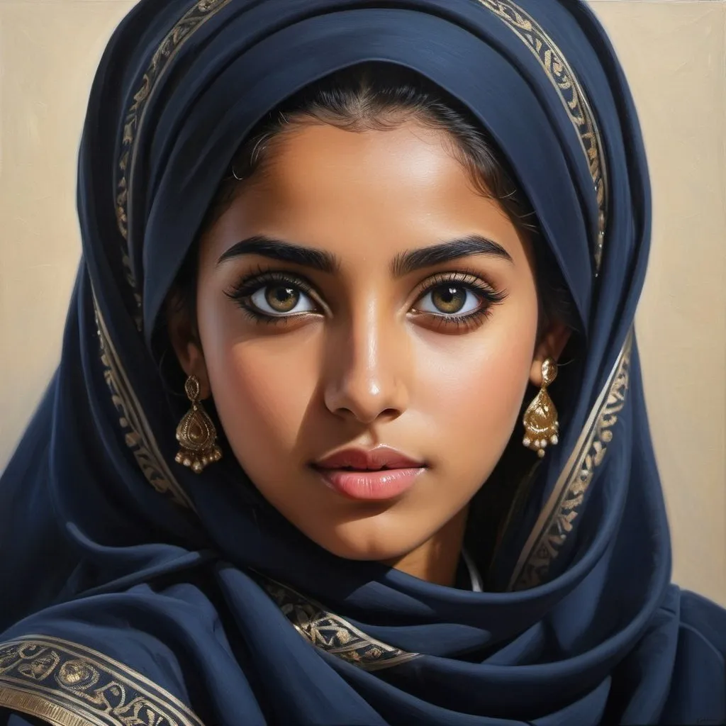 Prompt: Young Arabia women, oil painting, hyper realistic, high details, symmetric, perfect eyes, perfect hair, beautiful, dark grey eyes, black hair, dark skin, traditional navy clothes,