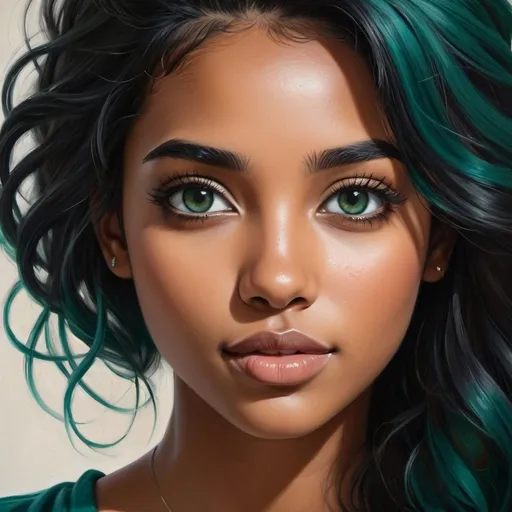 Prompt: Create a girl, high detail, oil painting, beautiful, perfect eyes, perfect hair, dark black, brown, and teal colored hair, very dark green eyes, beautiful, tan skin, dark skin, Mashi,