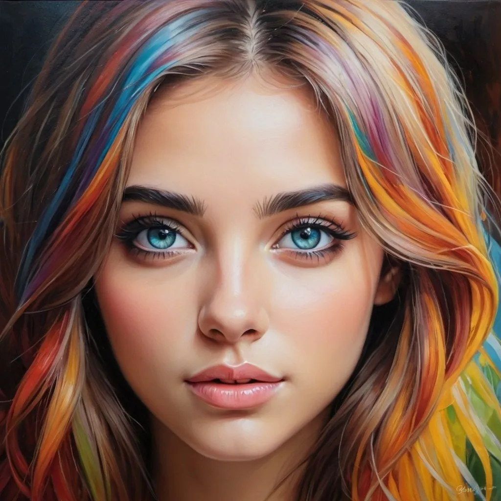 Prompt: Create a girl, high detail, oil painting, beautiful, perfect eyes, perfect hair, multi colored hair, multi colored eyes, beautiful 