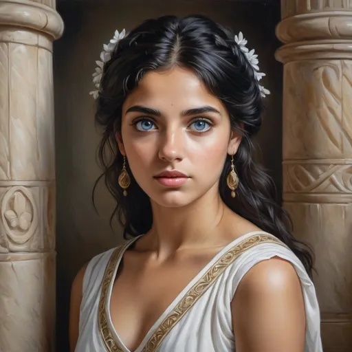 Prompt: Young Roman women, oil painting, hyper realistic, high details, symmetric, perfect eyes, perfect hair, beautiful, dark blue eyes, black hair, tan skin, traditional white dress,