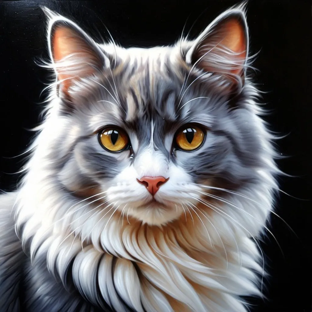 Prompt: A cute cat, oil painting, detail, hyper realistic, ethereal, dark lighting,